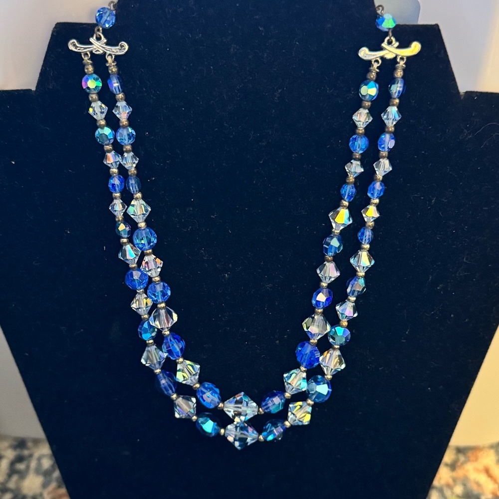 Vintage Unsigned Double Strand Blue Glass/Crystal Necklace